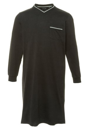 Black long-sleeve nightgown with a V-neck, featuring a chest pocket and a decorative white trim along the neckline and pocket. Soft fabric.