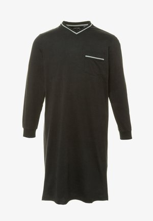 Black long-sleeve nightgown with a V-neck, featuring a chest pocket and a decorative white trim along the neckline and pocket. Soft fabric.