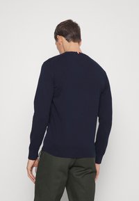 Pull bleu marine en maille avec manches longues. Présente un col rond, des poignets côtelés et un détail de couture visible au dos.
