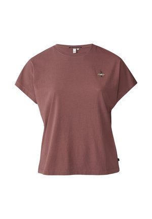 T-shirt à manches courtes, couleur rose poussiéreux, en coton, avec un petit design brodé sur la poitrine gauche, et une coupe décontractée.