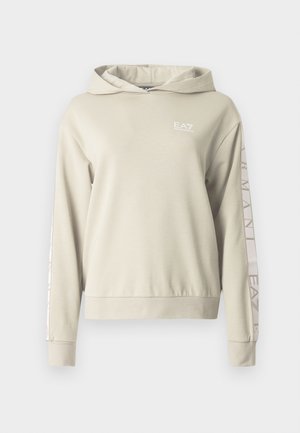 Sweatshirt bege claro com capuz e acabamento texturizado, com o logótipo EA7 no peito e marcações ao longo das mangas.
