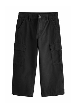 Black wide-leg cargo pants with button closure, belt loops, side pockets, and large flap pockets on both legs.