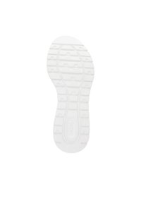 Semelle en caoutchouc blanc avec un motif de bande de roulement texturé. Présente des rainures et des sections surélevées pour une meilleure traction. Design sobre sans accents supplémentaires.