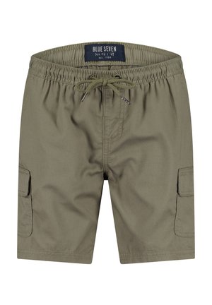 Olivgrüne Cargoshorts mit elastischem Bund, Kordelzug, seitlichen Klappentaschen und vorderen Nähten, Größe 152/12J.