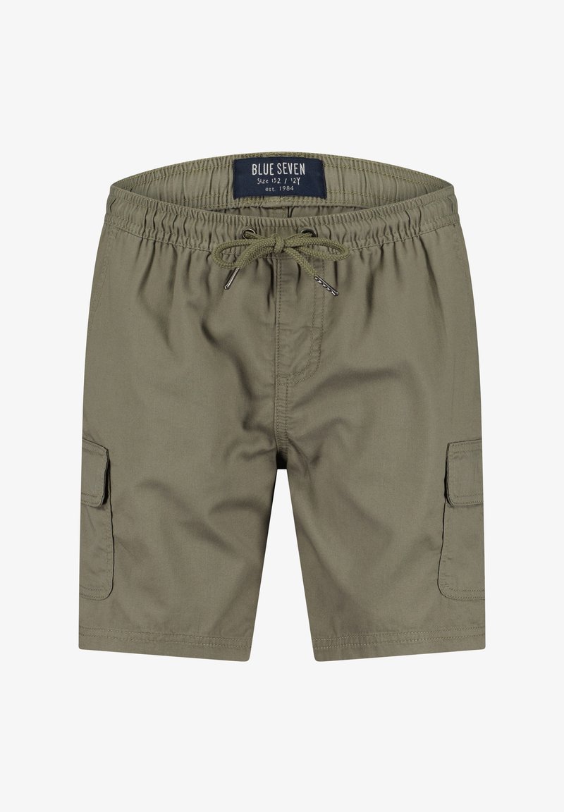 Shorts cargo vert olive avec taille élastique, cordon de serrage, poches latérales à rabat et coutures avant, taille 152/12 ans.
