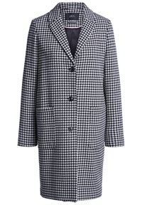 Abrigo largo de estampado houndstooth en blanco y negro con cuello de solapa, tres botones negros y dos bolsillos delanteros tipo parche.