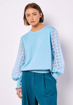Maglione azzurro chiaro con corpo uniforme e maniche in rete a quadri trasparenti. Presenta un collo rotondo e polsini aderenti. Abbinato a un paio di pantaloni teal.