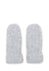 Grå strikkede vanter med en blød, tekstureret overflade, prydet med et kabelmønster og en ribbet manchet for en tætsiddende pasform.