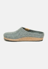 Gray felt clog with a cork outsole and rubber base. Smooth, rounded design with a low back and minimalistic branding detail.
