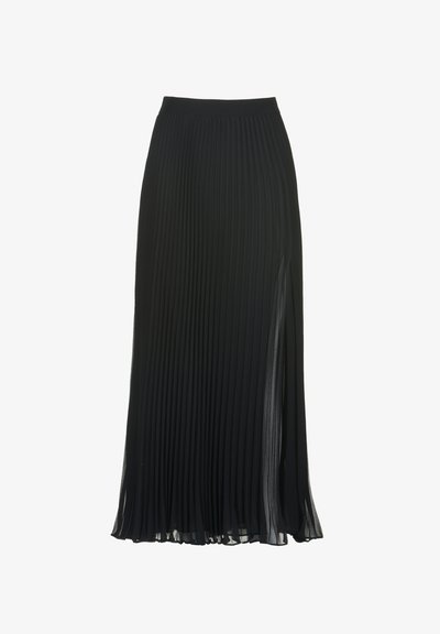 Falda maxi negra plisada con una cinturilla ajustada, textura transparente y una abertura lateral para mayor movimiento y fluidez.