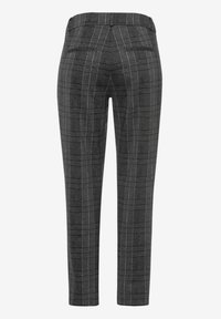 Pantalon fuselé à carreaux gris foncé avec poches passepoilées à l'arrière, présenté de dos sur un fond neutre.