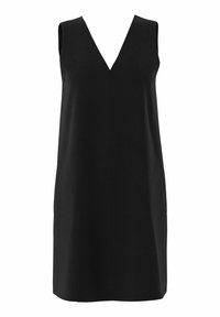 Černé šaty bez rukávů s výstřihem do V, vyrobené z hladké látky, s volným střihem a přímou siluetou, bez dalších ozdob.