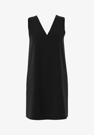 Črna obleka brez rokavov z V-izrezom, izdelana iz gladkega blaga, ima ohlapen kroj in raven silhueto, brez dodatnih okraskov.