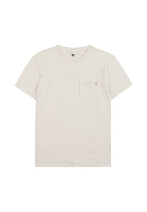 Beige T-shirt met korte mouwen en ronde hals, voorzien van subtiele horizontale strepen en een borstzakje met een klein boomlogo.