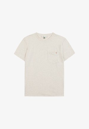 Beige T-shirt met korte mouwen en ronde hals, voorzien van subtiele horizontale strepen en een borstzakje met een klein boomlogo.