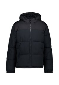 Black padded jacket with a hood, featuring a contrasting upper panel, front zip, ribbed cuffs, and two front pockets. Smooth texture.