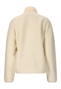 Rückansicht einer cremefarbenen Fleecejacke mit Stehkragen und langen Ärmeln, gefertigt aus einem weichen, strukturierten Stoff.