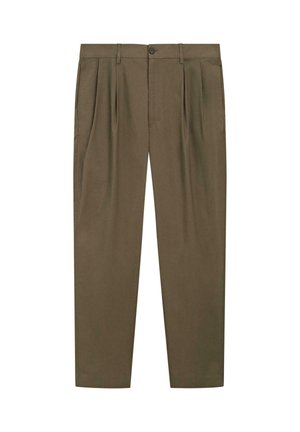 Pantalon plissé marron avec fermeture à boutons, passants pour ceinture et poches latérales, présenté à plat sur un fond blanc.