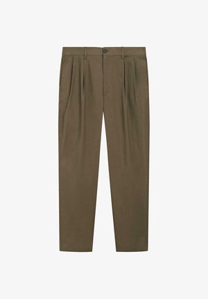 Pantalon plissé marron avec fermeture à boutons, passants pour ceinture et poches latérales, présenté à plat sur un fond blanc.