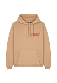 Felpa con cappuccio beige realizzata in morbido tessuto. Presenta una tasca frontale e testo ricamato rosso sul petto. Maniche lunghe con polsini a coste.