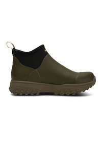 Bottes de cheville olive vert imperméables avec empiècement élastique noir, semelle en caoutchouc texturée, languette de traction et design de bout renforcé.