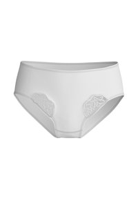 Culotte blanche en coton avec des accents en dentelle florale sur les côtés et une taille lisse. Le corps principal a une texture douce et mate.