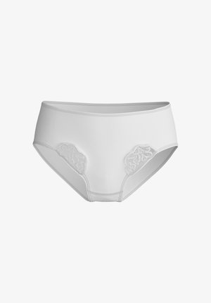 Weiße Baumwollunterhose mit floralen Spitzenakzenten an den Seiten und einem glatten Taillenbund. Der Hauptteil hat eine weiche, matte Textur.