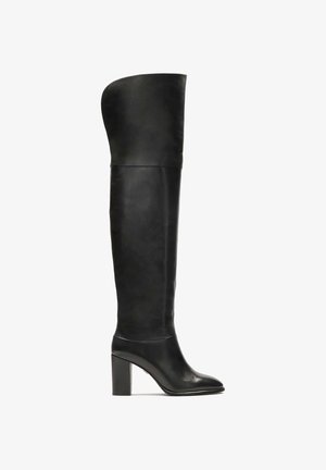 Black leather over-the-knee boots with a smooth finish, block high heel, and a tapered toe. Design features a vertical seam along the sides.