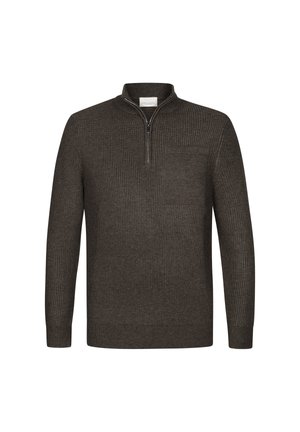 Dunkelbrauner, gerippter Pullover mit halbem Reißverschluss und Brusttasche, aus weichem Strickstoff für Komfort und Wärme gefertigt.