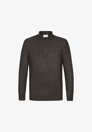 Suéter de canalé marrón oscuro con cuello de media cremallera y un bolsillo en el pecho, elaborado con un tejido de punto suave para mayor comodidad y calidez.