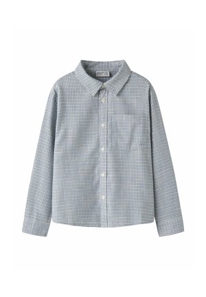Chemise à manches longues à petits carreaux bleu clair et blanc, avec col, boutons sur le devant et poche poitrine.