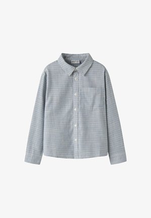 Chemise à manches longues à petits carreaux bleu clair et blanc, avec col, boutons sur le devant et poche poitrine.