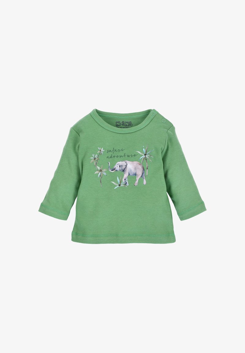 Zielona koszulka dla niemowląt z długim rękawem, z zatrzaskami na ramieniu, z ilustracją słonia i palmy oraz napisem "safari adventure".
