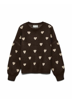 Brūns adīts džemperis ar baltām sirds dekorācijām, apaļu kakla izgriezumu un brīviem garajiem piedurknēm. Mīksta tekstūra ar ribotiem aprocēm un apakšmalu.