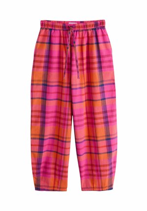 Loose-fit ankle-length pants with elastic waistband and drawstring, featuring a pink, orange, and purple plaid pattern.
