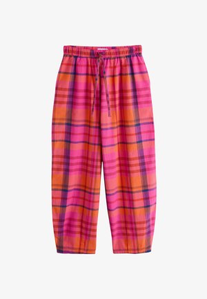 Locker geschnittene, knöchellange Hose mit elastischem Bund und Kordelzug, mit pinkem, orangefarbenem und lila kariertem Muster.