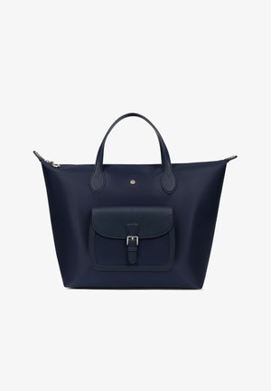 Marineblauwe totebag met twee handvatten, voorzak met gespsluiting en rits sluiting aan de bovenkant.