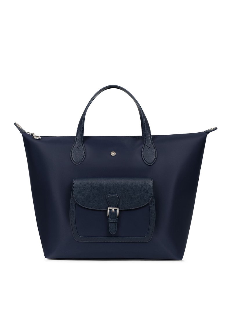Borsa a tracolla blu navy con due manici, tasca frontale con dettaglio fibbia e chiusura superiore con zip.