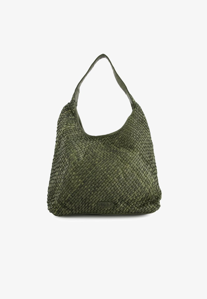 Groene geweven handtas met een zachte, slungelige vorm. Bevat een enkele handgreep en een gestructureerd oppervlak. Merktag zichtbaar aan de zijkant.