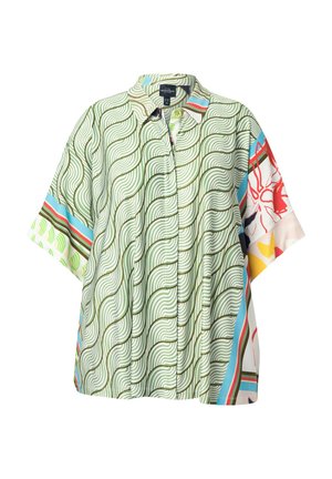 Green and white patterned short-sleeve shirt with wave design, featuring multicolored accents, button closure, and relaxed fit.