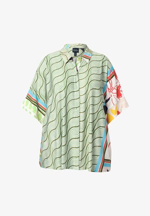 Zielona i biała koszula z krótkim rękawem w falisty wzór, z multi-kolorowymi akcentami, zapięciem na guziki i luźnym krojem.