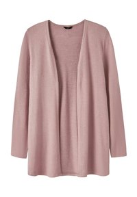 Cardigan rosa chiaro realizzato in un morbido tessuto testurizzato, con maniche lunghe e un design aperto sul davanti. Nessuna chiusura o ganci presenti.