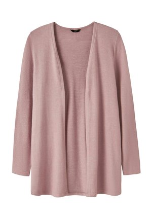 Cardigan rosa chiaro realizzato in un morbido tessuto testurizzato, con maniche lunghe e un design aperto sul davanti. Nessuna chiusura o ganci presenti.
