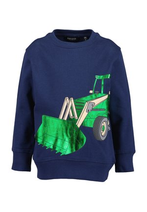 Marineblaues Kinder-Sweatshirt mit großem grünem metallischem Traktor- und Frontlader-Motiv auf der Vorderseite.