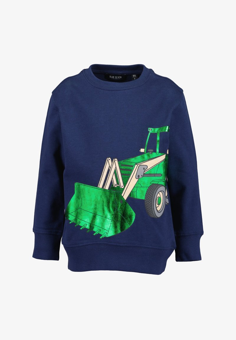 Sweat-shirt enfant bleu marine avec un grand motif tracteur métallique vert et chargeuse frontale sur le devant.