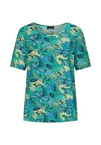 Chemise turquoise à manches courtes avec motifs de papillons bleus et verts ainsi que des feuilles, col rond, et étiquette Goldner à l'intérieur du col.