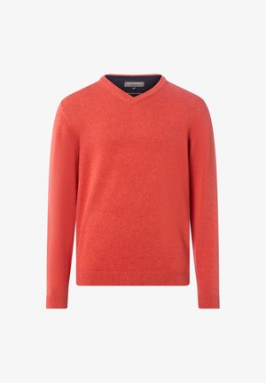 Maglione rosso a scollo a V con maniche lunghe. Texture a maglia e orlo e polsini a costine. Realizzato in tessuto morbido, adatto per essere indossato a strati.