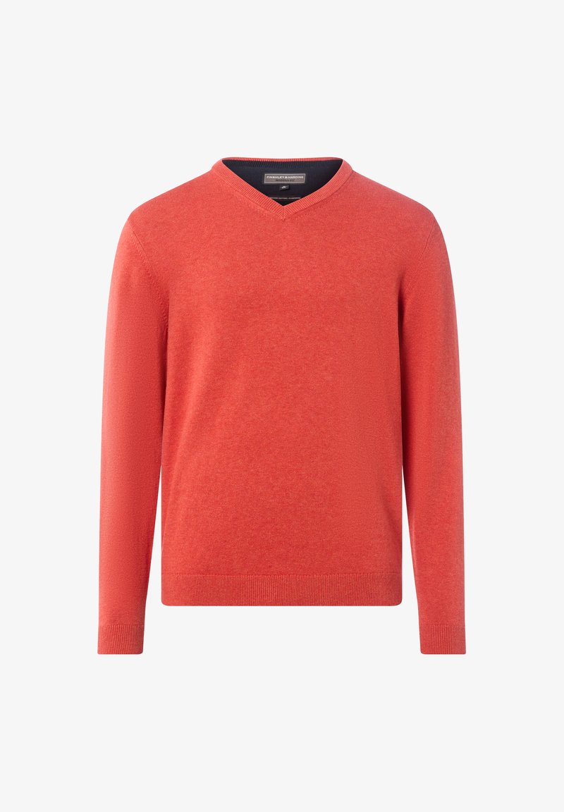 Rode v-hals trui met lange mouwen. Gebreide textuur en geribbelde zoom en boorden. Gemaakt van zachte stof, geschikt voor lagen.