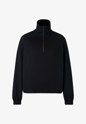 Black long-sleeve pullover with high neck and quarter zipper, quilted front panel, and elastic cuffs.