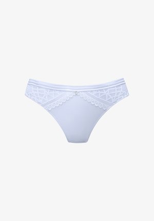 Witte kanten string met een kleine decoratieve parel aan de voorkant in het midden en een patroon van gaas in de tailleband.